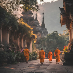 Monks_in_saffron_robes_walking_through_temple_grounds