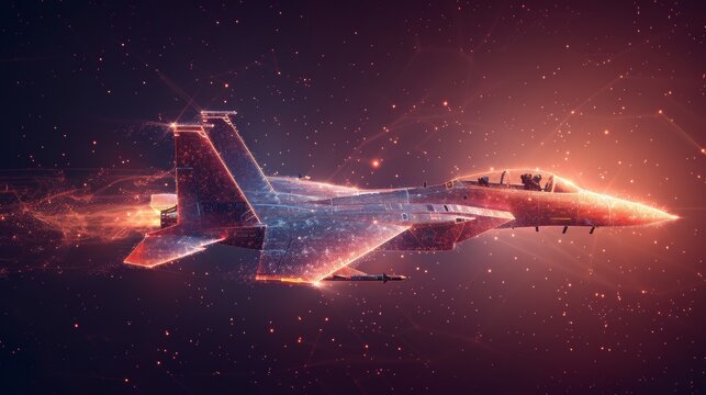 A blue fighter jet in flight from abstract polygonal points. Low poly fighter in motion, lines and connected to form, modern illustration.