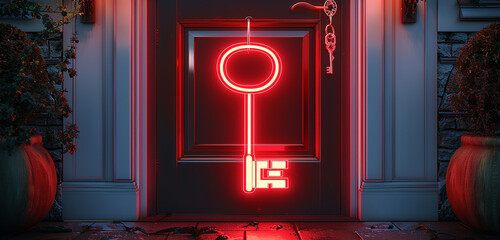 A neon red key, glowing against the backdrop of a darkened door, offering the promise of unlocked secrets and undiscovered realms. 32k, full ultra hd, high resolution