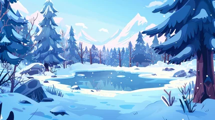 Deurstickers Winter forest with frozen pond. Nature landscape background with conifers and mountains, icy lake, rocks, pines and bushes, cartoon modern illustration. © Mark