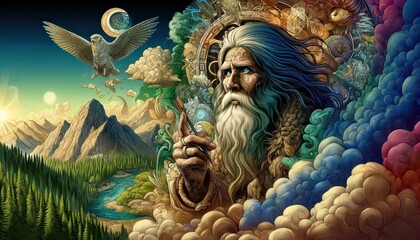 Fantasy Wizard with Mystical Creatures Artwork - obrazy, fototapety, plakaty