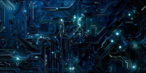 Foto op Plexiglas Futuristic abstract hi-tech background in  Blue and Indigo with electrical chains symbolizing digital security. Cybernetic innovation meets data protection. Encryption and network defense. © Vialeta