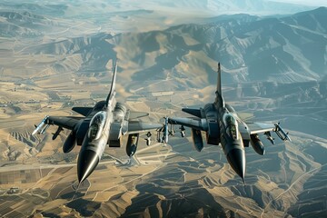Pair of military jets engage in dissimilar air combat training mission with rocket and bomb weapons - obrazy, fototapety, plakaty