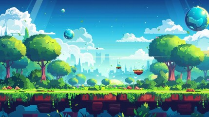 Platforms and items for a game level background. Modern cartoon landscape of trees, islands with green grass and shiny spheres for gui interfaces of arcade games. - obrazy, fototapety, plakaty