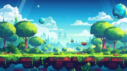 Foto op Canvas Platforms and items for a game level background. Modern cartoon landscape of trees, islands with green grass and shiny spheres for gui interfaces of arcade games. © Mark