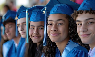 High school graduating students in blue robes and hats