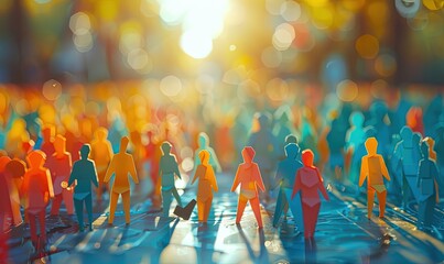 Multicolored paper people figures in sunlight. Diversity, equality concept - obrazy, fototapety, plakaty