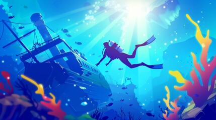 Underwater world with sun beams falling, female character in ocean with wrecked steamboat vessel on sea bottom. Cartoon modern illustration of female character in ocean with sun beams falling. - obrazy, fototapety, plakaty