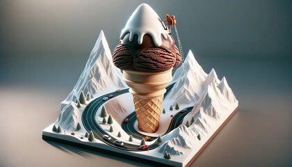 Giant Ice Cream Cone on Snowy Mountain Road