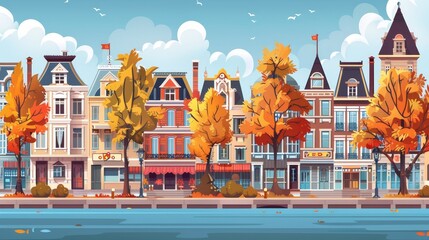 An autumn city street with European colonial Victorian buildings and lake promenade. 19th century town with old architecture. Cartoon illustration of a retro style cityscape at the river's edge.