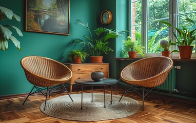 Luxury chairs around round black glass table in room with sofa and cabinet near luxury wall. 