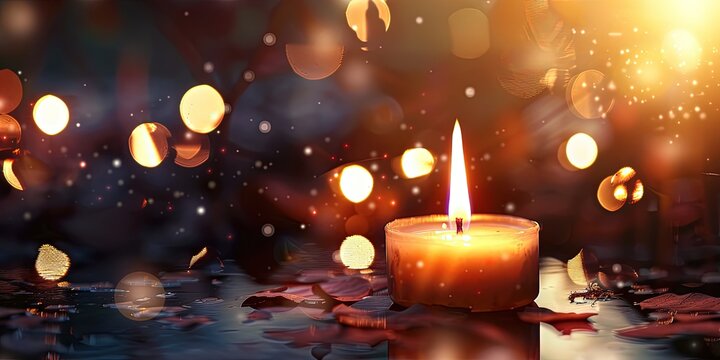 Burning Candle. Memorial Day and condolence card with defocused light and glare effects