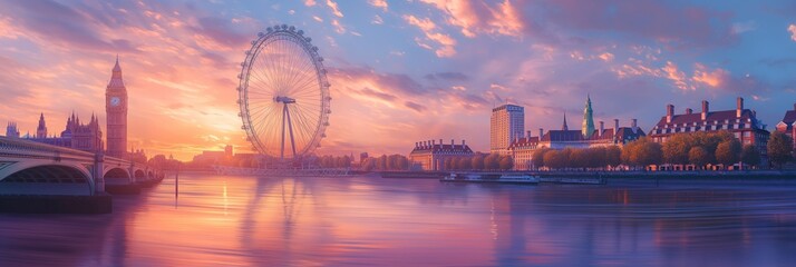 Stunning panorama of London's skyline at sunset, featuring famous landmarks like the London Eye and Big Ben bathed in golden light