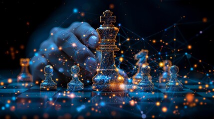 An abstract image of a hand holding a chess pawn in the form of a starry sky or space. The point, line, and shape forms planets, stars, and the universe.