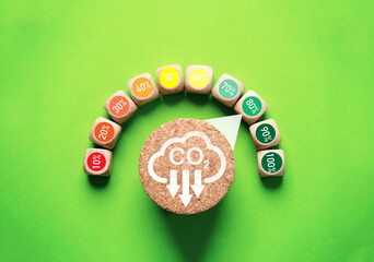 Carbon reduction icon indicator level gauge meter for carbon dioxide absorption and carbon credit footprint to limit global warming , Sustainable development and Kyoto protocol in 2050 concept.