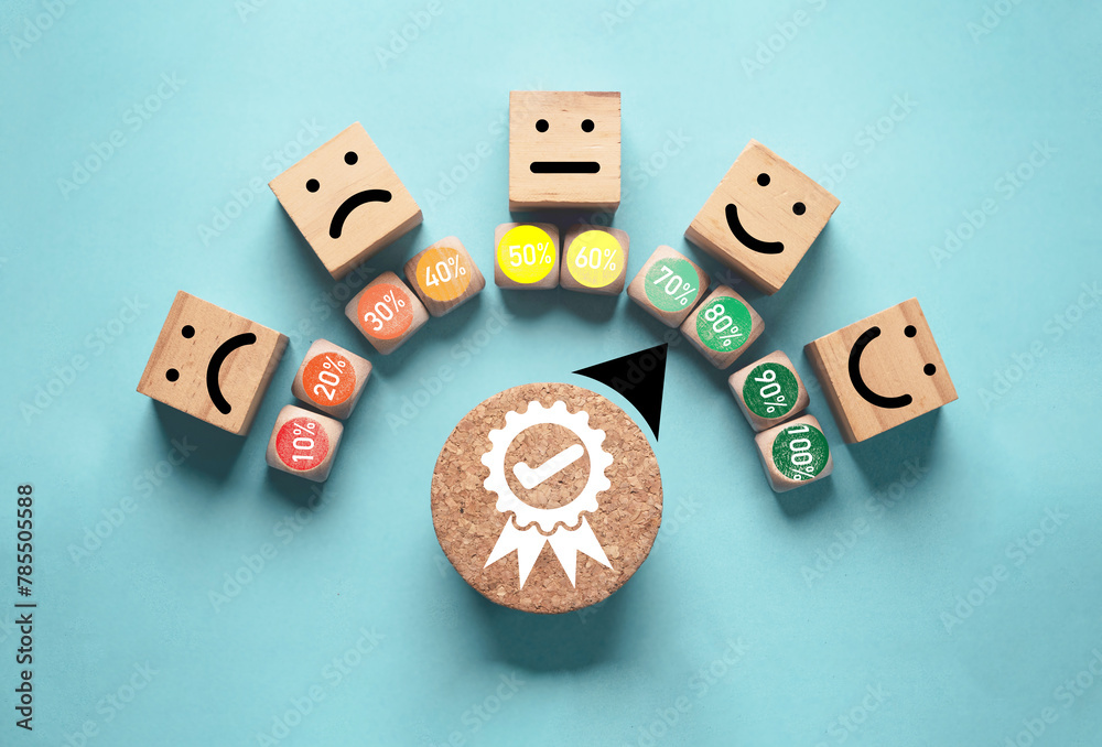 Poster Customer quality evaluation indicator rating print screen wooden cube block since sad to happy face on blue background for client satisfaction after use product and service  concept.