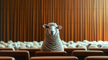 Sheep in Conference Room Facing Speaker: Propaganda Symbolism - obrazy, fototapety, plakaty
