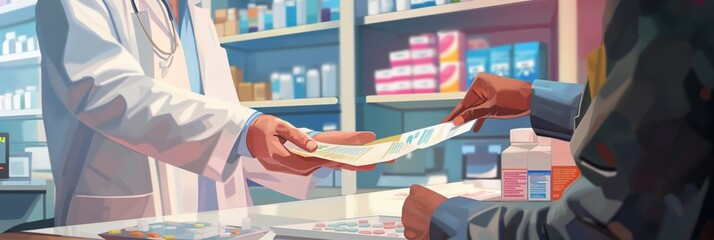 In a pharmacy full of medications, a pharmacist provides a prescription to a patient, a common healthcare activity - obrazy, fototapety, plakaty