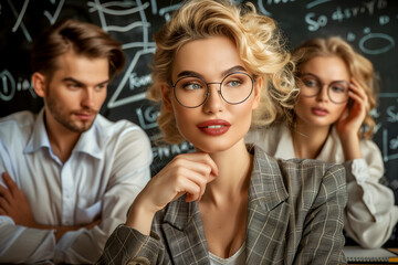 A happy group with glasses and stylish hair sit in front of a blackboard