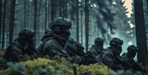 A group of soldiers training in the forest, their demeanor filled with power and unity