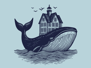 A huge whale with an old house on its back. Vintage retro engraving illustration. Black icon, isolated element  © Victoria
