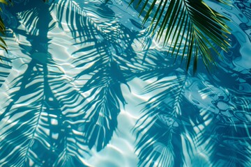 Fototapeta na wymiar Tropical palm leaf shadow on blue water surface - summer beach vacation abstract background