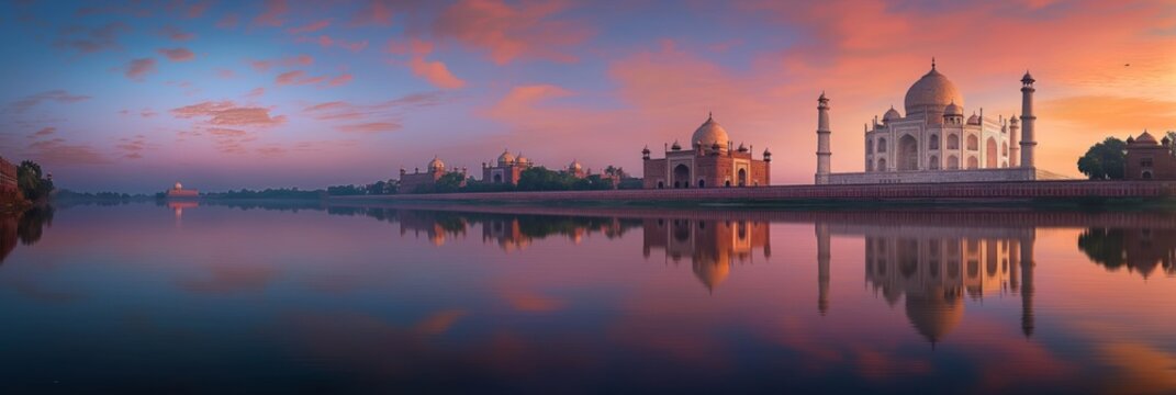 The iconic Taj Mahal reflects in the still waters of the Yamuna River during a colorful sunset