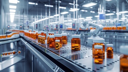 AI-Controlled Pharmaceutical Production Floor with Robot Packaging - obrazy, fototapety, plakaty