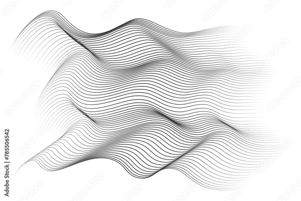 Wall mural flowing dots particles wave pattern 3d curve halftone black gradient curve shape isolated on white b