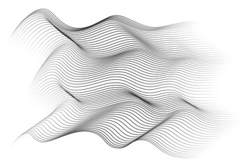 Flowing dots particles wave pattern 3D curve halftone black gradient curve shape isolated on white...