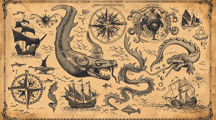 Vintage map elements. Serpent dragon leviathan sketch.