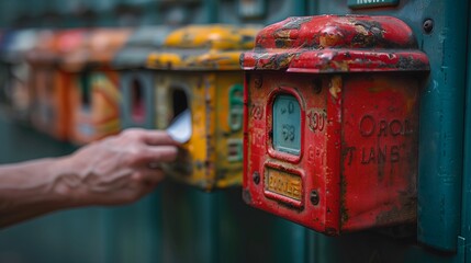 This image depicts an elderly person's hand opening an old, worn-out mailbox. The mailbox appears to be located outdoors, with a blurred background suggesting a dimly lit environment.