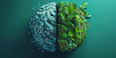 Digital brain and green foliage representing AI and nature harmony