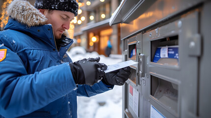 This image depicts a postal worker, dressed in a heavy winter coat and hat, retrieving mail from an outdoor mailbox. - obrazy, fototapety, plakaty
