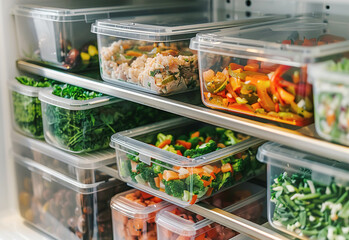 Food containers organized in refrigerator