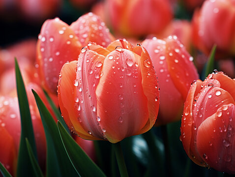 A close-up shot of dewdrops on tulip petals, capturing the morning freshness and enhancing the beauty of the flowers. 
