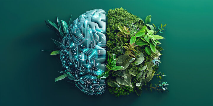 Digital brain and green foliage representing AI and nature harmony