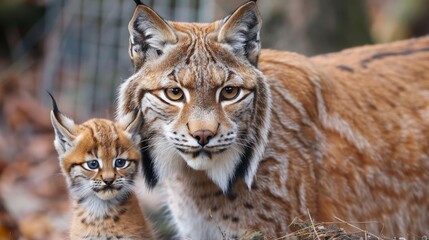 Fototapeta premium Male lynx and lynx cub portrait with space on left for text, ideal for adding captions or quotes