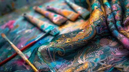 Fototapeta premium Hand-Painted Fabric Artistry with Colorful Swirls and Motifs