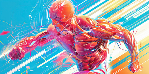 Dynamic illustration of a running athlete with visible muscles
