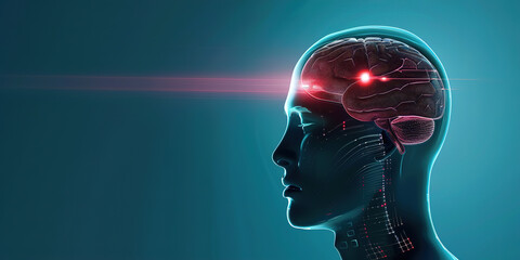 Neural interface with glowing neurochip pathways in human silhouette