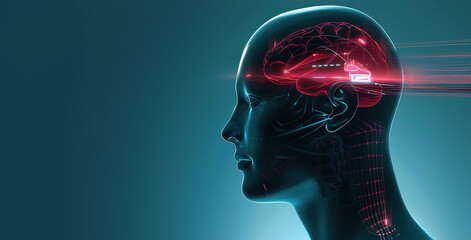 Neural interface with glowing neurochip pathways in human silhouette