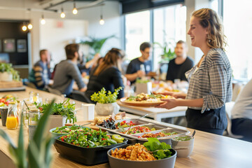 Friendly office gathering over healthy lunch