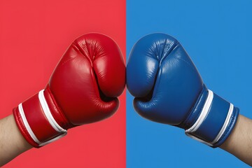 Background photo featuring a pair of red and blue boxing gloves, symbolizing competition and rivalry - obrazy, fototapety, plakaty