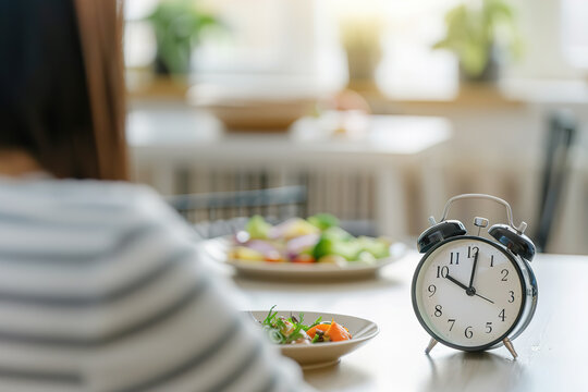 Intermittent fasting concept with salad and clock
