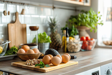 Kitchen countertop with fresh ingredients and utensils - obrazy, fototapety, plakaty
