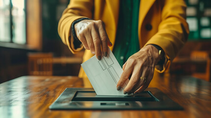 The image depicts a person's hands inserting an envelope into a voting machine or ballot box. The person is wearing a yellow jacket, suggesting they may be a poll worker or election official. - obrazy, fototapety, plakaty