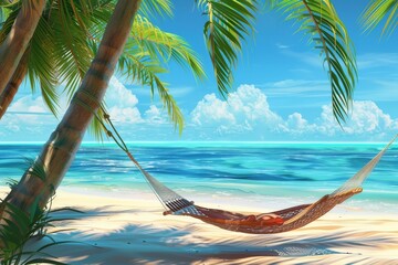 Tropical island getaway. hammock and palm tree by the sea, perfect summer vacation destination