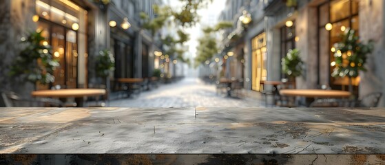 Elegant Stone Tabletop with Dreamy Plaza Backdrop. Concept Stone Tabletop, Elegant Setting, Dreamy...
