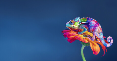Chameleon on flower with a spiral tail Bright colorful rainbow color scales